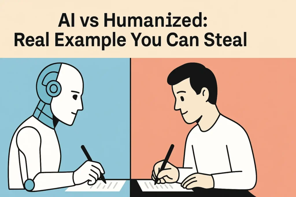 Illustration of an AI robot and a human both writing on paper, symbolizing the difference between machine-generated and humanized content.